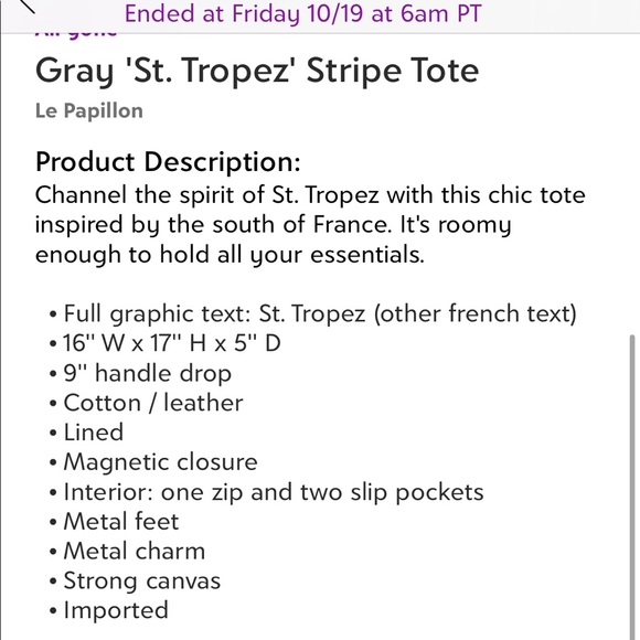 Le Papillon-St. Tropez tote-vintage dark gray white print stripe bag NWT LAST 1! - Picture 13 of 13
